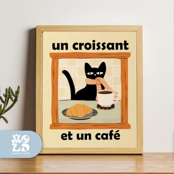 Französische Katze Poster, French Cafe Croissant Katze Druck, Retro Drink Poster, Bistro Kaffee Poster, Un Cafe Wandbehang Schwarze Katze Einzigartige Poster