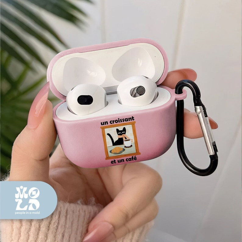 French Cat AirPod Case, French Cafe Croissant Cat AirPod Case, Cute AirPod Pro Case, AirPod Pro