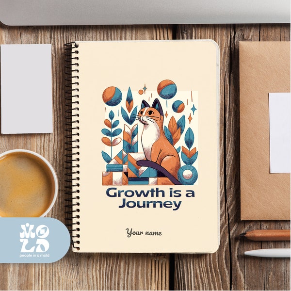 Growth Is A Journey Notebook, Cat Journal Book, Custom Name Gift, Birthday Gift for Cat Lovers, Students, Cat Notebook, Funny Cat Notebook