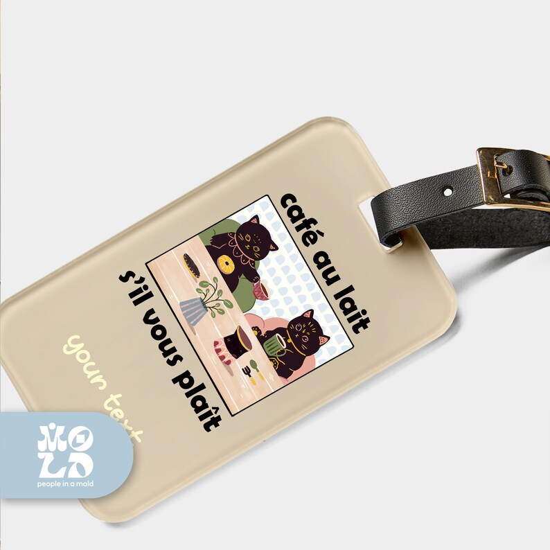 French Cafe Luggage Tag, Cat Luggage Bag Tag, Custom Personalized Pet