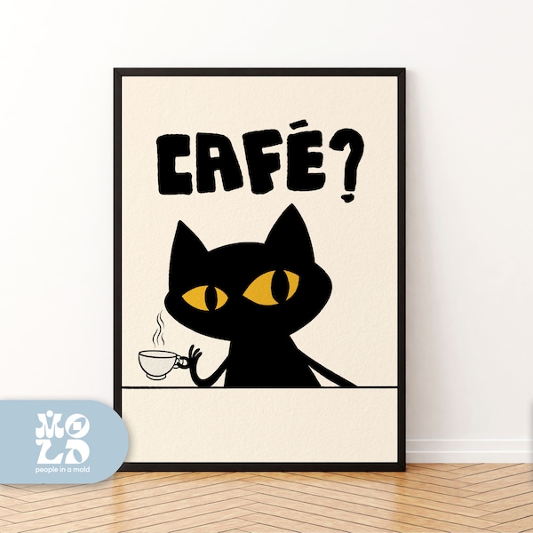 Cafe Katze Poster, Geschenk für Besties, Cafe Liebhaber, Katzenliebhaber, Lustiges Weihnachtsgeschenk, Wohnkultur, schwarze Katze Drucke, Wanddekoration, UNGERAHMT