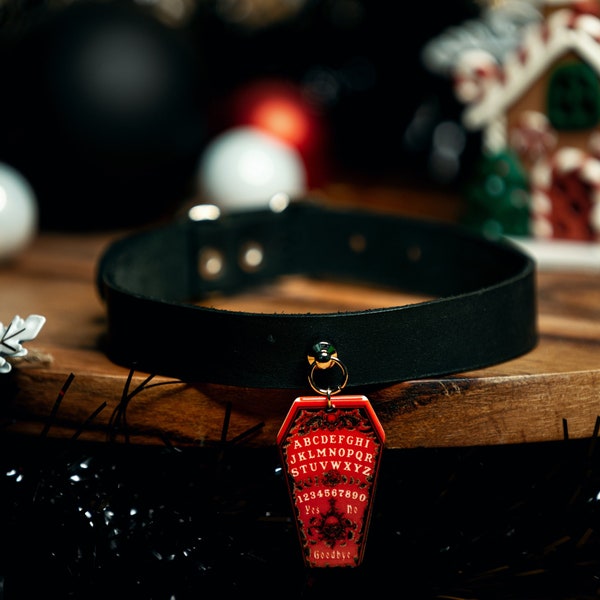 Handmade Genuine Leather Choker with Red Coffin Pendant - Perfect for Halloween Enthusiasts