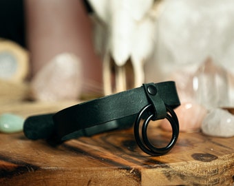 Echtleder Doppel O-Ring Choker | Ganz Schwarz | Alternatives Zubehör