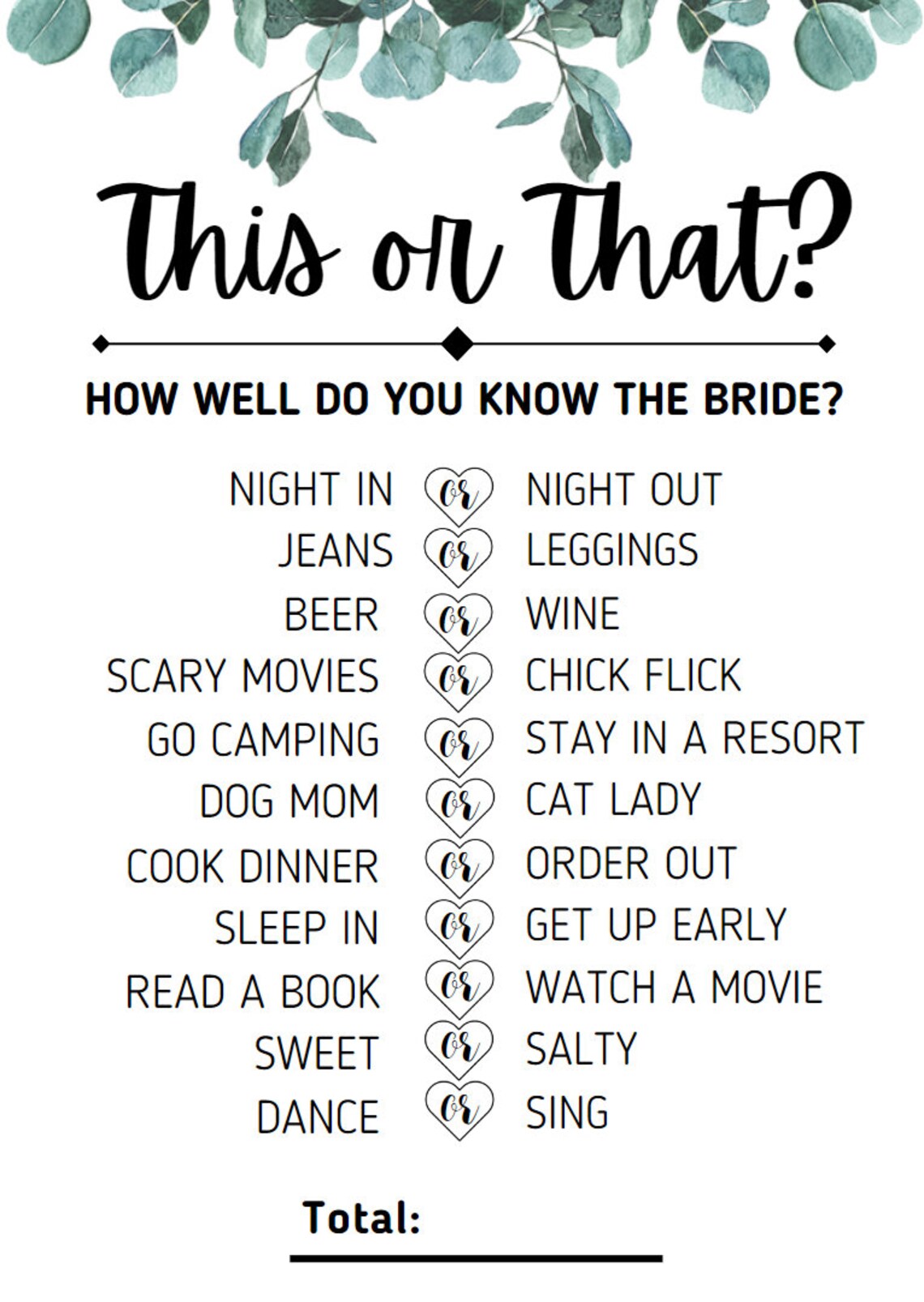 This or That Bridal Shower Game Printable Bridal Shower Party Game