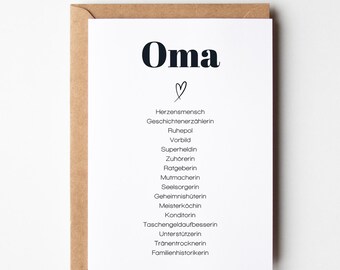 Op de afbeelding: Een witte kaart met zwarte tekst die "Oma" zegt en een lijst met woorden die een grootmoeder beschrijven, waaronder "hartmens", "verteller", "rolmodel", "superheldin", "luisteraar", "adviseur", "moediger", "zielverzorger", "geheimen bewaarder", "meesterkok", "bakker", "zakgeldverhoger", "ondersteuner", "tranendroger" en "familiearchivaris".