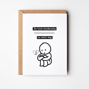 Carte postale Tu es clairement trop loin, relation à distance, carte postale Tu me manques, tu me manques, désir, carte avec texte DIN A6