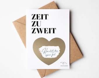 Zeit zu zweit Gutscheinkarte, Rubbelkarten zum selber beschriften, Rubbellos mit eigenem Text, Valentinstag Karte, Valentinstag Geschenk