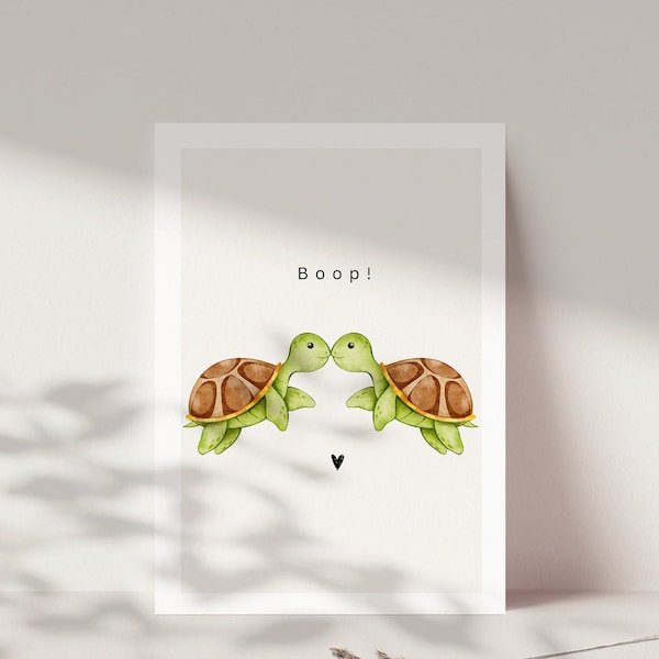 Süße Postkarte "Boop" mit zwei küssenden Schildkröten, Geschenk für Partner, Geschenk für Freundin, Valentinstags Grußkarte