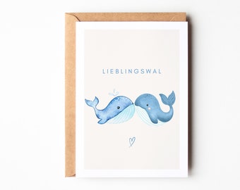Bonita postal de ballena "Ballena favorita" con dos ballenas besándose, regalo para pareja, aniversario, regalo de boda, regalo para enamorados.