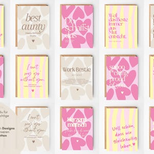 May include: A collection of fourteen rectangular greeting cards featuring various designs, including pink and yellow striped patterns, heart motifs, and diverse typography. The cards display phrases in English and German, such as Happy Birthday, Best Aunty, Work Bestie, and New Chapter, presented in a grid layout.