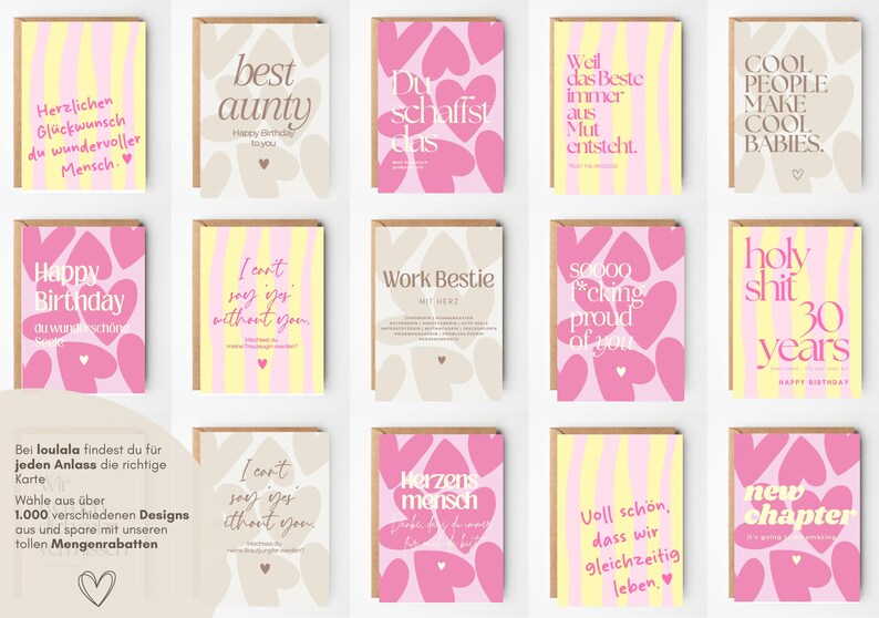 May include: A collection of fourteen rectangular greeting cards featuring various designs, including pink and yellow striped patterns, heart motifs, and diverse typography. The cards display phrases in English and German, such as Happy Birthday, Best Aunty, Work Bestie, and New Chapter, presented in a grid layout.