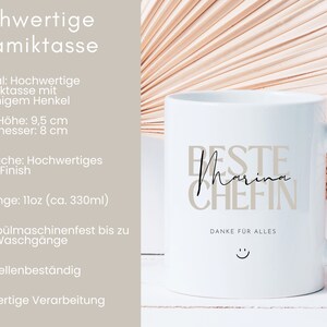 May include: White ceramic mug with a black and gray design that says "Beste Marina Chefin" and "Danke f&uuml;r alles" with a smiley face. The mug is 9.5 inches tall and 8 inches in diameter.