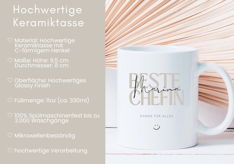 May include: White ceramic mug with a black and gray design that says "Beste Marina Chefin" and "Danke f&uuml;r alles" with a smiley face. The mug is 9.5 inches tall and 8 inches in diameter.