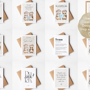 May include: Greeting cards with otter illustrations and various messages. Some cards feature otters holding hearts or objects. The cards are on brown envelopes, with text in German and English. The cards are suitable for various occasions.