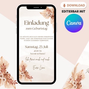 loulala® Canva digitale Einladungskarte zum selber anpassen, digitale Ecard Geburtstagseinladung zum versenden per Whatsapp (Boho)