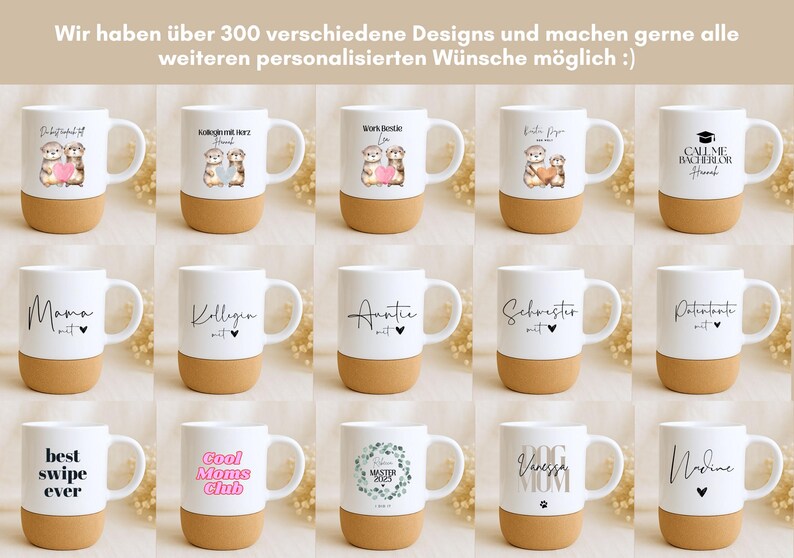 May include: White ceramic mugs with various designs and text, including "Mama", "Auntie", and "Best Swipe Ever". Each mug has a natural cork base. The mugs are arranged in rows, showcasing different styles.