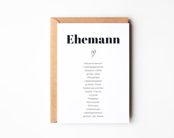 Ehemann Geschenk, Synonymkarte Ehemann, Mann Geschenk, Mann Geschenk Geburtstag, Mann Geburtskarte, nach Wunsch inkl.Kuvert