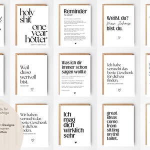 May include: A collection of fourteen white greeting cards with black typography and small heart icons. Each card features unique phrases in German or English, such as 'holy shit one year hotter' and 'you're my favorit cardio workout'.