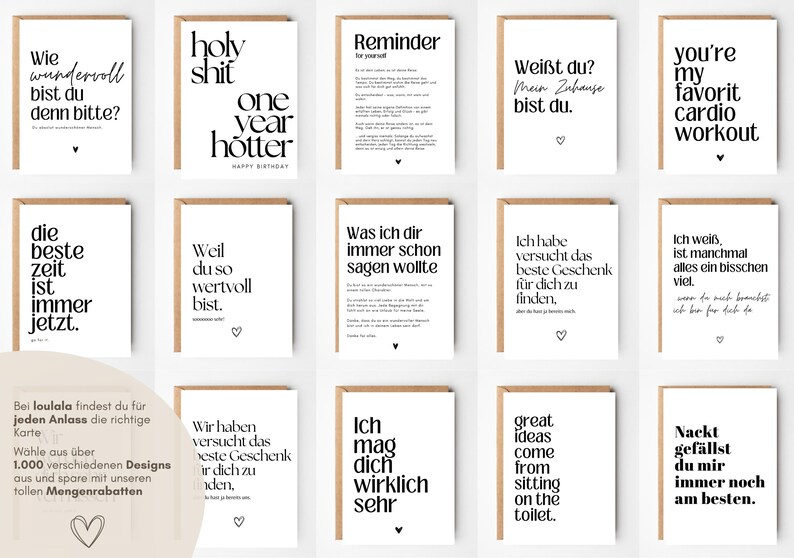 May include: A collection of fourteen white greeting cards with black typography and small heart icons. Each card features unique phrases in German or English, such as 'holy shit one year hotter' and 'you're my favorit cardio workout'.