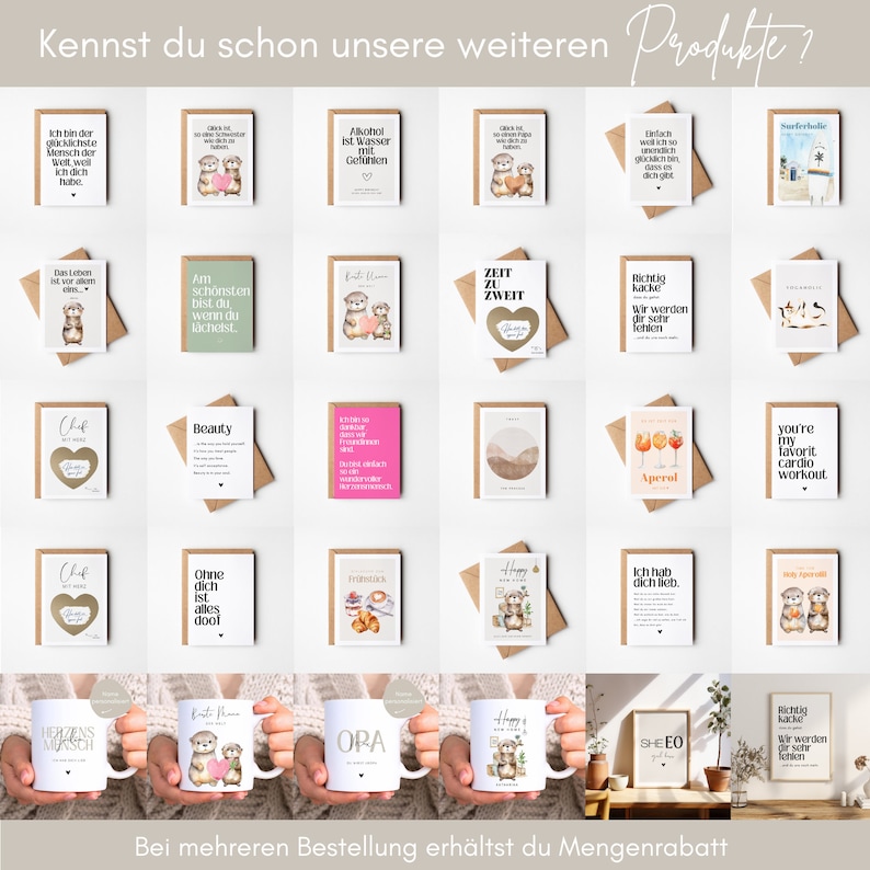 May include: A collection of greeting cards and mugs featuring cute otter illustrations. The cards have various messages, including "Zeit zu Zweit" (Time for Two), "Aperol", and "You're my favorite cardio workout". The mugs feature designs like "ORA" and "Happy New Year".