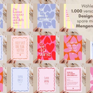 May include: A collection of rectangular greeting cards featuring various graphic designs, including heart patterns, wavy borders, and text in English and German. The cards display phrases like 'Holy Shit One Year Hotter', 'Super Grandpa', and 'Beste Freundin'.
