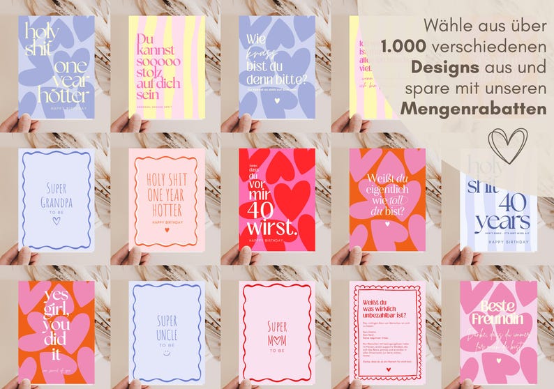 May include: A collection of rectangular greeting cards featuring various graphic designs, including heart patterns, wavy borders, and text in English and German. The cards display phrases like 'Holy Shit One Year Hotter', 'Super Grandpa', and 'Beste Freundin'.
