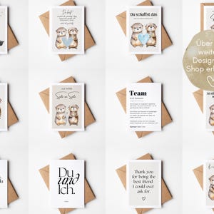 May include: A collection of greeting cards with otter illustrations. The cards feature various messages in German and English, with watercolor-style otters holding hearts and other objects. The cards are on a white surface with brown envelopes.