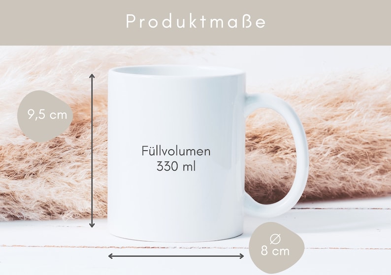 May include: White ceramic mug with a black text that says "Fullvolumen 330 ml". The mug is 9.5 inches tall and 8 inches wide.