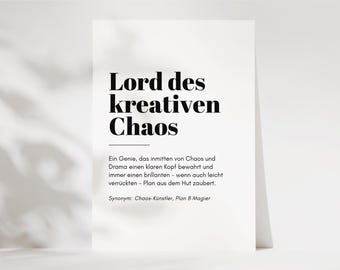 Grappige kaart met spreuk, cadeau voor collega's, baas, grappig cadeau, grappige verjaardagskaart met spreuk "Heer van de creatieve chaos"