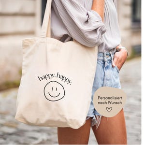 「Happy Happy」の文字が入ったloulala®トートバッグ、女性用ファブリックバッグ、ガールフレンド、姉妹、同僚へのギフトアイデア、プリント入りジュートバッグ