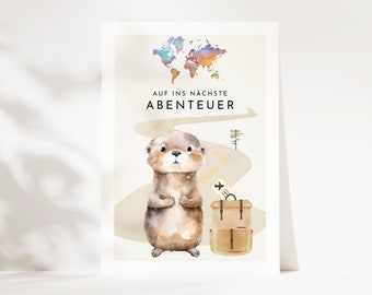 Postkarte für Reisende, Weltreise, Gute Reise Karte mit süßem Otter, Abschiedsgeschenk für Reisende, Verreisen Karte zum verschenken