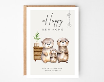 Tarjeta de inauguración de la casa con adorables nutrias para la mudanza | Feliz nuevo hogar | Tarjeta de inauguración de la casa | Tarjeta de mudanza