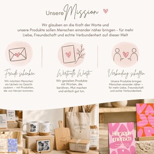 May include: A mission statement graphic with the text Unsere Mission, featuring three circular icons with line drawings of an envelope, a card with a heart, and two figures. Below, a collection of mugs, cards, and wooden items are displayed.