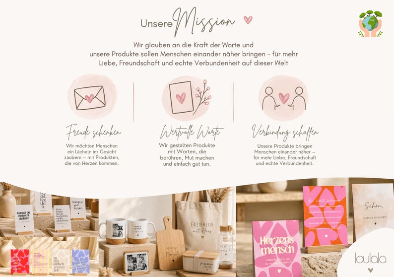 May include: A mission statement graphic with the text Unsere Mission, featuring three circular icons with line drawings of an envelope, a card with a heart, and two figures. Below, a collection of mugs, cards, and wooden items are displayed.