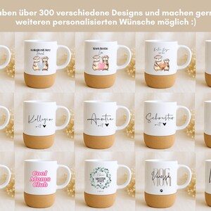 May include: White ceramic mugs with various designs and text, including "Mama", "Auntie", and "Best Swipe Ever". Each mug has a natural cork base. The mugs are arranged in rows, showcasing different styles.