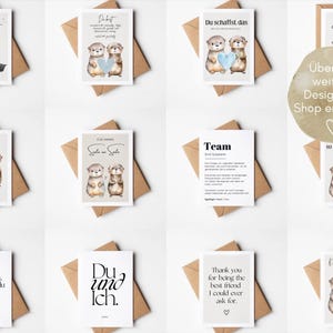 May include: Greeting cards with otter illustrations and various messages. Some cards feature otters holding hearts or objects. The cards are on brown envelopes, with text in German and English. The cards are suitable for various occasions.