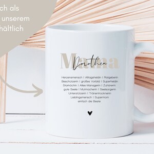 May include: White ceramic mug with a black and brown design. The mug features the word "Mama" with the name "Dorothea" underneath. The text "Herzenmensch | Alltagsheldin | Ratgeberin Besch&uuml;tzerin | gro&szlig;es Vorbild | Superheldin Stark&ouml;chin | Alles Managerin | Zuh&ouml;rerin gute Seele | Mutmacherin | Seelsorgerin Unterst&uuml;tzerin | Tranentrocknerin Lieblingsmensch | Supermom einfach die Beste" is printed on the mug.