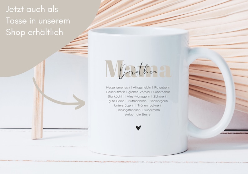 May include: White ceramic mug with a black and brown design. The mug features the word "Mama" with the name "Dorothea" underneath. The text "Herzenmensch | Alltagsheldin | Ratgeberin Besch&uuml;tzerin | gro&szlig;es Vorbild | Superheldin Stark&ouml;chin | Alles Managerin | Zuh&ouml;rerin gute Seele | Mutmacherin | Seelsorgerin Unterst&uuml;tzerin | Tranentrocknerin Lieblingsmensch | Supermom einfach die Beste" is printed on the mug.