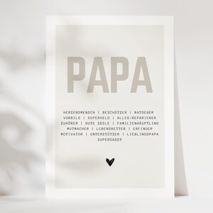 May include: A printable poster with the word "PAPA" in large, beige letters. Below the word are a series of words describing a father, such as "protector", "advisor", and "superhero", all in smaller, beige letters.