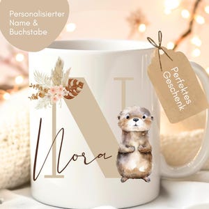 Taza loulala® personalizada con nombre y letra, taza de café, regalo para novia, regalo para colega, taza de nutria con nombre