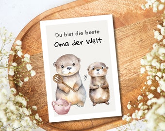 Grandma greeting card with cute otters, grandma gift, grandma birthday, grandma birthday present, say thank you to grandma - Best Grandma in the World Postcard A6