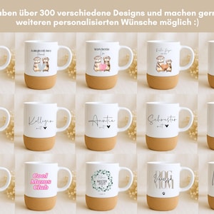 May include: White ceramic mugs with various designs and text, including "Mama", "Auntie", and "Best Swipe Ever". Each mug has a natural cork base. The mugs are arranged in rows, showcasing different styles.