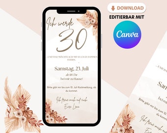 loulala® Canva digitale Einladungskarte zum selber anpassen, digitale Ecard Geburtstagseinladung zum versenden per Whatsapp (30. Geburtstag)