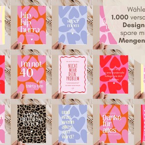 May include: A collection of fourteen rectangular greeting cards featuring various graphic designs, including heart patterns, leopard print, and vertical stripes, with printed text in German and English, displayed in a grid layout.