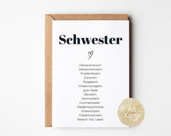 Greeting card sister, synonym card sister, gift for sister, sister heart, as desired including envelope