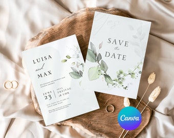 Design your own wedding invitation in Canva, editable wedding save the date template digital download, eucalyptus design