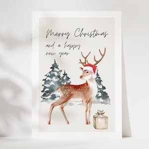 Weihnachtskarte Merry Christmas mit süßem Rentier, Weihnachtsgruß, Weihnachtsgeschenk, Karte zu Weihnachten, Frohe Weihnachten - Postkarte