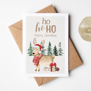 Biglietto di Natale carino Ho Ho Ho, Buon Natale, auguri di Natale, regalo di Natale, biglietto di Natale divertente con renne, Buon Natale