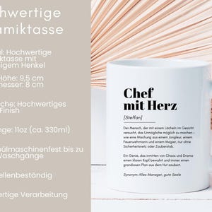 May include: White ceramic mug with a black design that reads "Chef mit Herz [Steffan]" and a definition of the term in German. The mug is 9.5 inches tall and 8 inches in diameter.