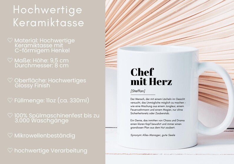 May include: White ceramic mug with a black design that reads "Chef mit Herz [Steffan]" and a definition of the term in German. The mug is 9.5 inches tall and 8 inches in diameter.